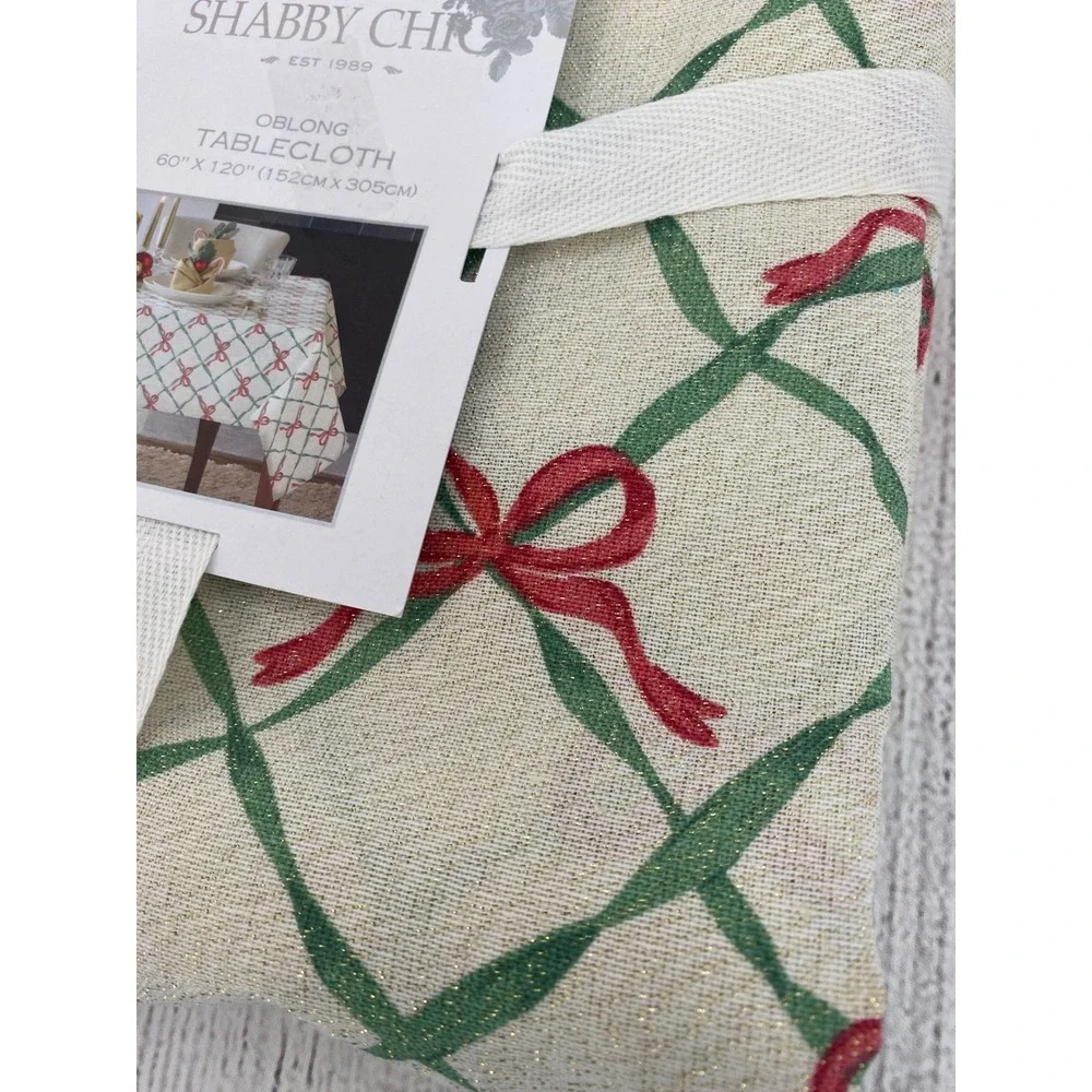 Shabby Chic Tablecloth 60x120 Cream Christmas Red Bow Green Lattice Holiday
